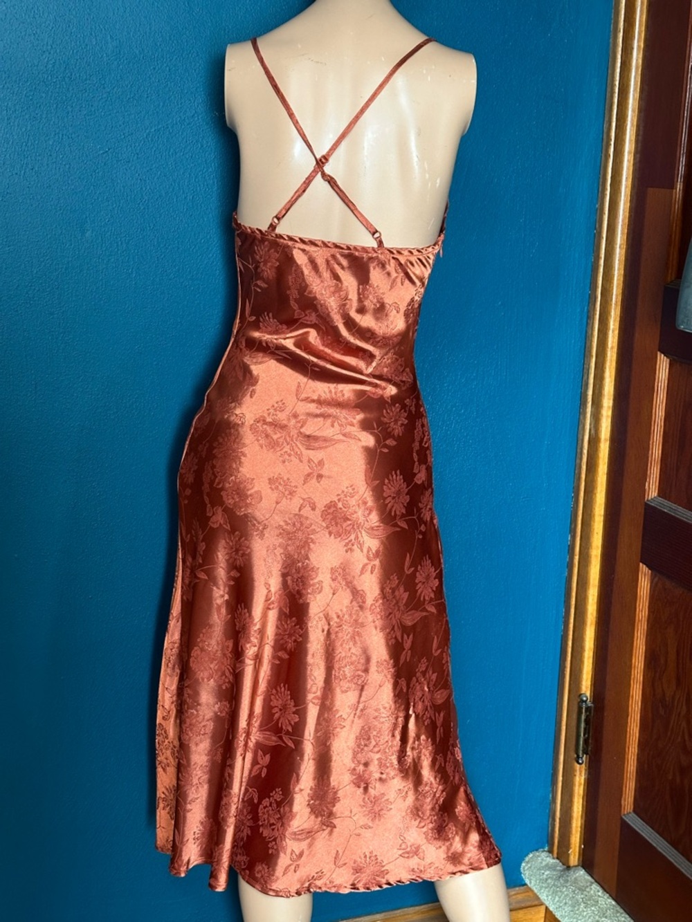 SHEIN Rust Satin Floral Jacquard Slip Midi Dress - Picture 3 of 8